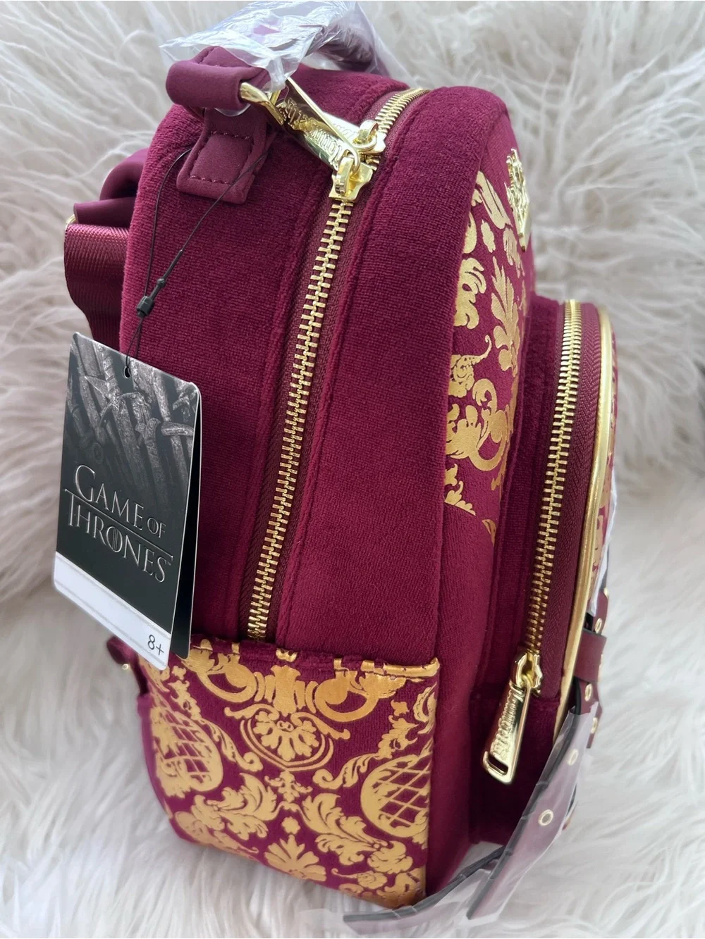 Loungefly Burgundy Mini Backpack with Gold Crown and Damask Accents